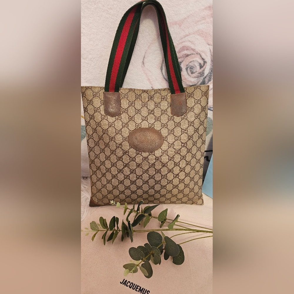Gucci Beige and Brown Tote Bag with Red and Green Straps GUC - Picture 12 of 16
